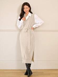 Mulvari Women's Solid Color Sweater Dress With High Slit And Belt - Apricot - View 4