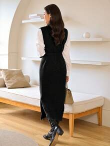 Mulvari 女性純色高開岔腰帶毛衣連身裙 - 黑色 - 查看 2