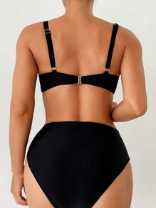 SHEIN Swim 女士纯色比基尼套装狂欢夏日海滩 - 黑色 - 查看 2