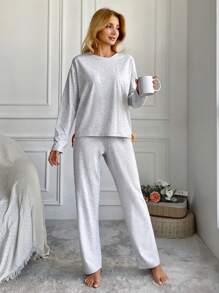 EURMUSE Bộ đồ ngủ cotton trễ vai và quần dài cho nữ - Xám - Xem 3