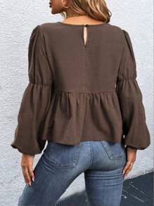 SHEIN LUNE 大码灯笼袖上衣，配荷叶边下摆荷叶边上衣 - 咖啡棕 - 查看 2
