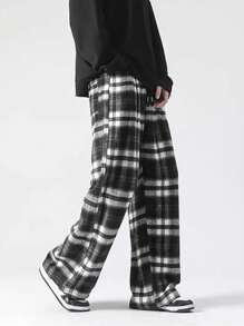 Chillumni Loose Fit Men's Plaid Long Trousers - Black - View 4