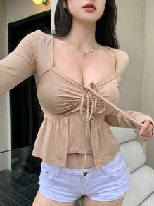 Dazy Star Women's Sweetheart Neckline Drawstring Long Sleeve T-Shirt,Ruffle - Khaki - View 6