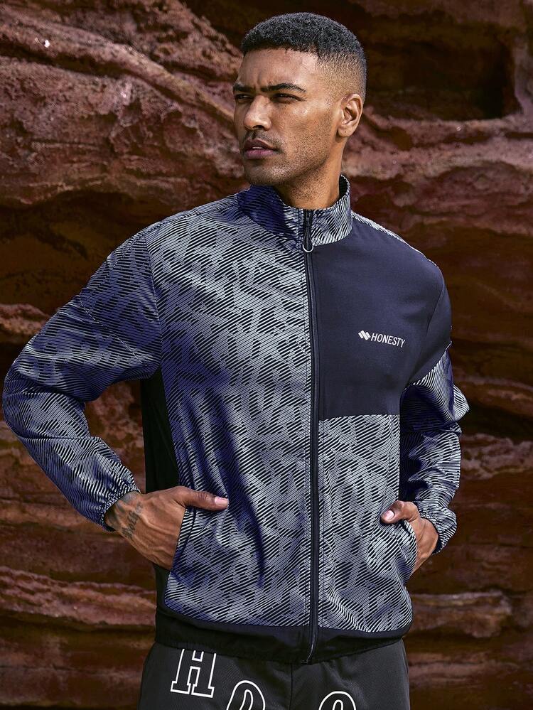 Boyfriend Style Men's Color Block Letter Printed Zipper Jacket For Sports Workout Tops Sports Jacket