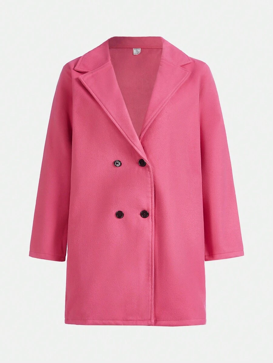 Teen Girl Lapel Neck Double Breasted Overcoat - Hot Pink - View 1