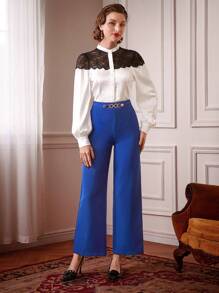 Vintamour Retro Elegant Women Lace Patchwork Stand Collar Long Sleeve Shirt, Autumn/Winter & New Year - White - View 5