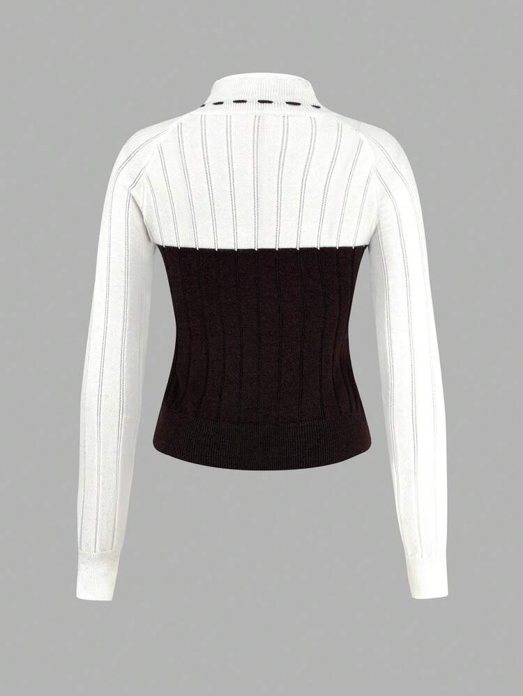Women's Color Blocking Slit Hem Knit Pullover Fall Winter Sweater