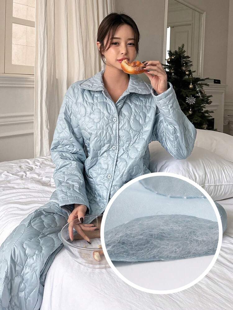 2pcs Thick -Padded Floral Homewear Set Fall,Winter Pajama