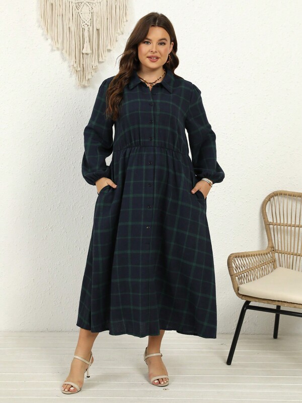 Nemidor Plus Size Women's Plaid Long Sleeve Shirtdress