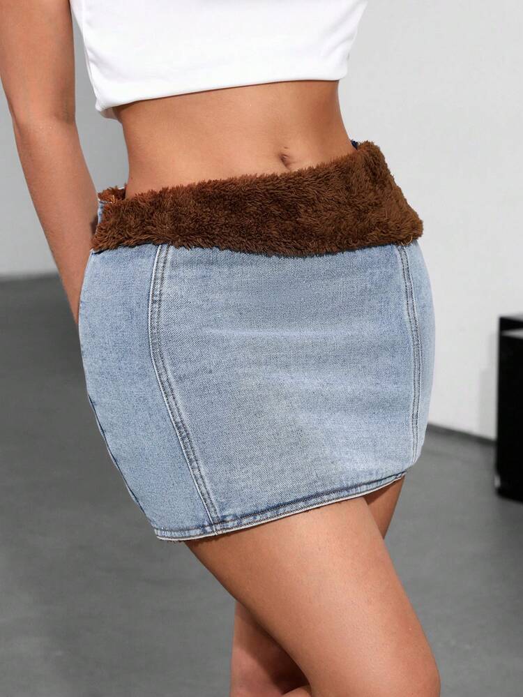 Women'S Patchwork Plush Denim Skirt