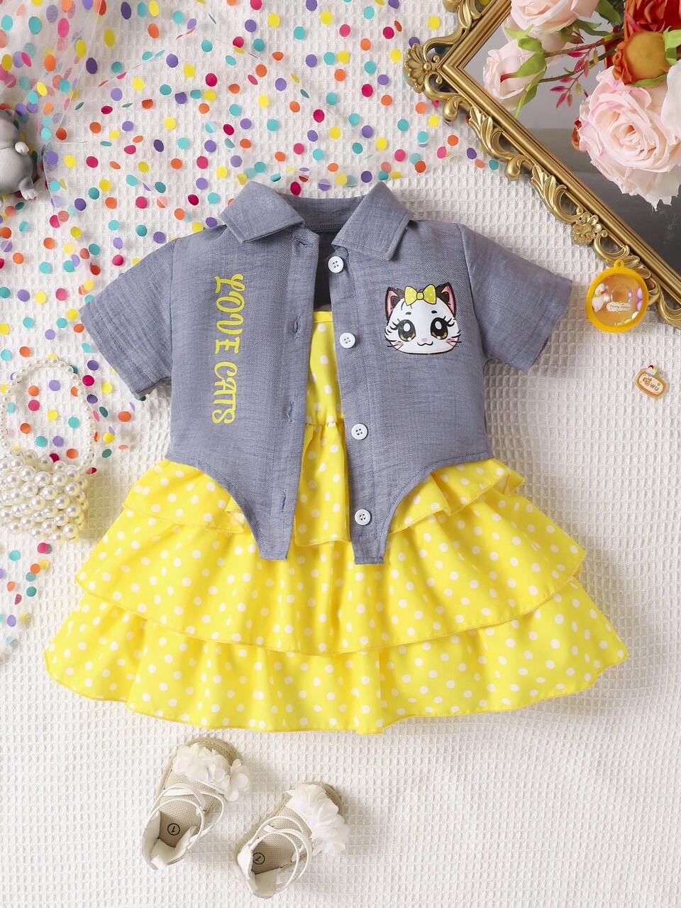 2pcs/Set Baby Girls' Knit Short Sleeve Cardigan With Cartoon Cat & Letter Print,Polka Dot Yellow,Summer,Cute,Birthday Polka Dot Dress & Strap Outfit