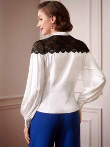 Vintamour Retro Elegant Women Lace Patchwork Stand Collar Long Sleeve Shirt, Autumn/Winter & New Year - White - View 4