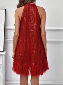 SHEIN Clasi Không tay Vá lại Frayed & Long lanh Halter Neck Đầm - Đỏ - Xem 2