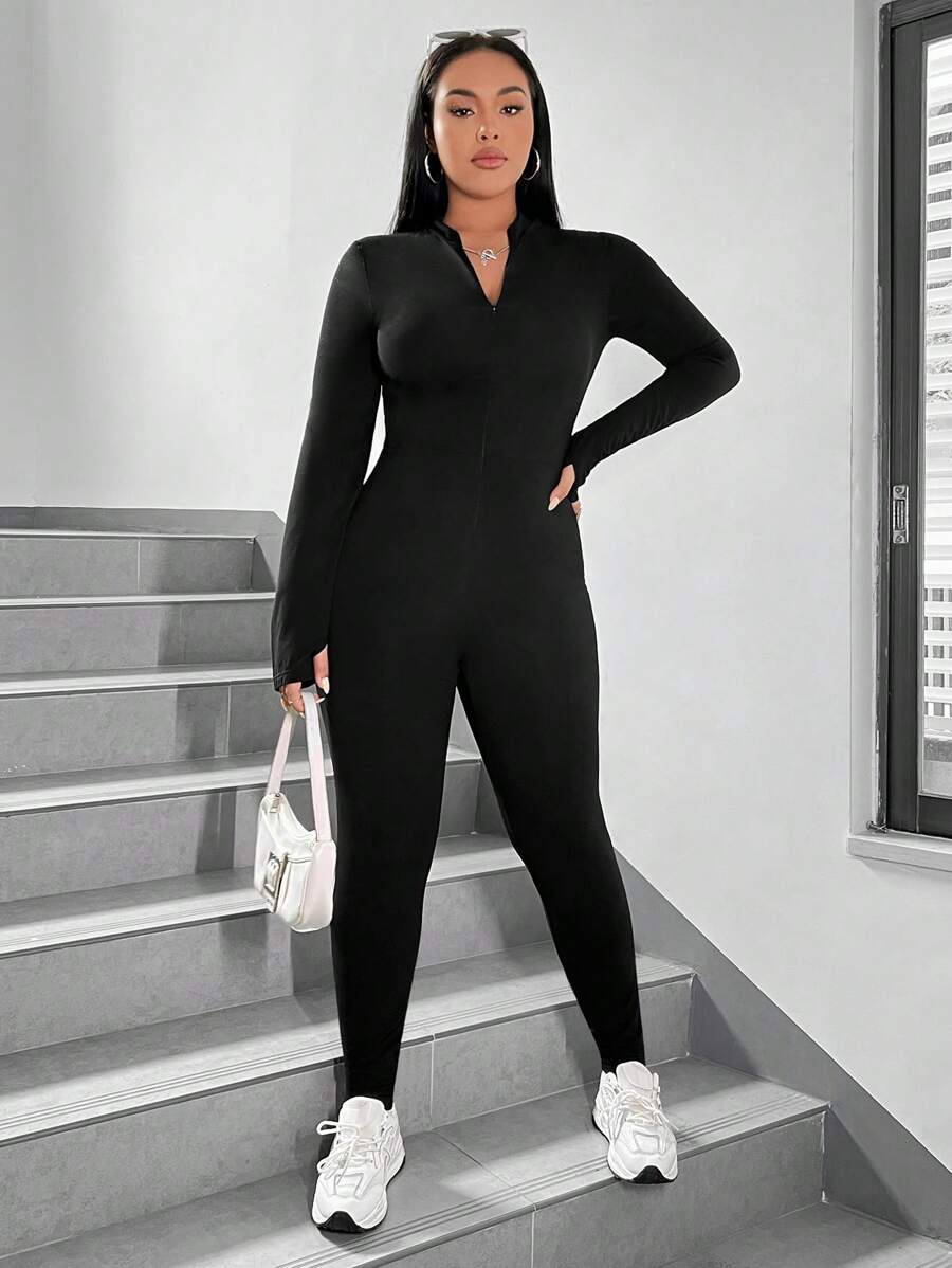 SHEIN EZwear Combinaison Moulante Unie De Grande Taille Pour Femmes - Noir - Voir 1