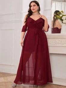大码女式纯色荷叶边露肩伴娘礼服（配腰带） - 酒紅色 - 查看 4