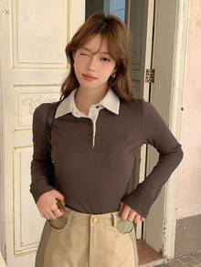 Dazy Designer 女款拼色 Polo 領長袖 T 卹 - 咖啡棕 - 查看 6