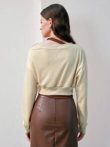 Anewsta Women's Asymmetrical Collar Drop Shoulder Sweatshirt Pullover Fall Sweatshirt - Beige - View 2