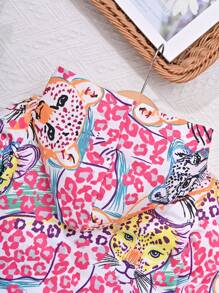 SHEIN Little Girls' Cheetah Print Hoodie And Leggings Set - Hot Pink - View 3