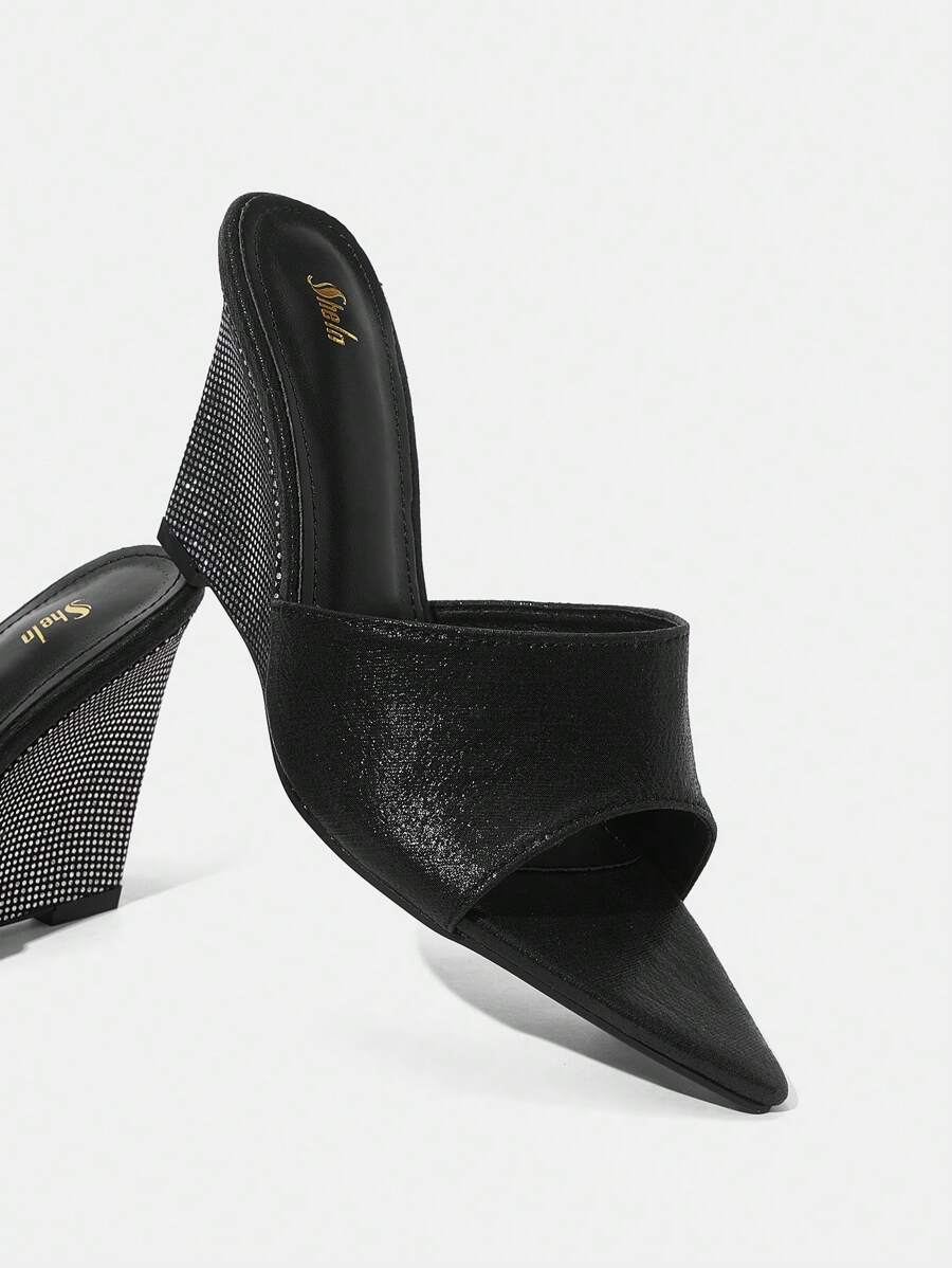 SheIn SXY 女士黑色時尚尖頭低跟派對鞋，度假鞋，夏季促銷 - 黑色 - 查看 1