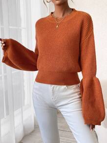 SHEIN LUNE Jersey De Mujer Con Mangas De Volantes Y De Color Sólido - Naranja - Ver 1