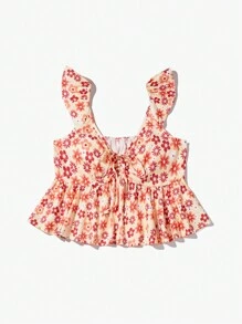 Soleia Women's Floral Print Tie Waist Ruffle Hem Decorated Blouse - Multicolor - View 3