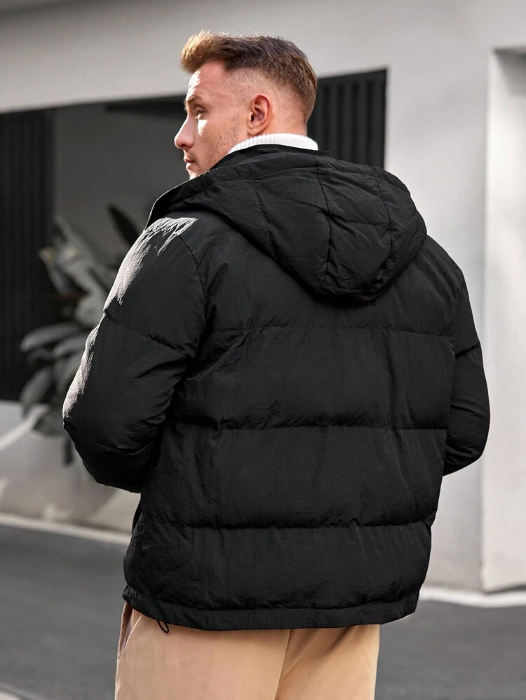 Loose Fit Plus Size Men's Zipper Hooded Woven Casual Jacket, For Fall Winter