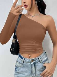 SHEIN Unity Women's One Shoulder Pleated Cropped Top, Going Out Top - Coffee Brown - View 7
