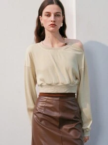 Anewsta Women's Asymmetrical Collar Drop Shoulder Sweatshirt Pullover Fall Sweatshirt - Beige - View 1