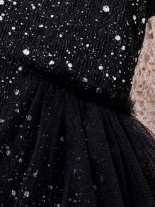 SHEIN Glamorique Kids Vestido Estilo Princesa para Menina Jovem, Elegante, com Tecido de Tule Brilhante e Contrastante, Ideal para Férias, Verão e Viagens - Preto - Visão 3