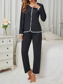 Patchwork Krawędź Długi Rękaw Odzież Domowa Komplety Biżuterii