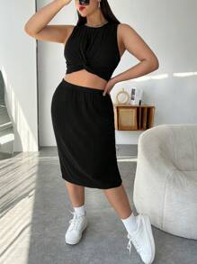 SHEIN EZwear Của phụ nữ Kích thước lớn Đen Xoắn Đan áo vest Và Váy Bộ - màu đen - Xem 1