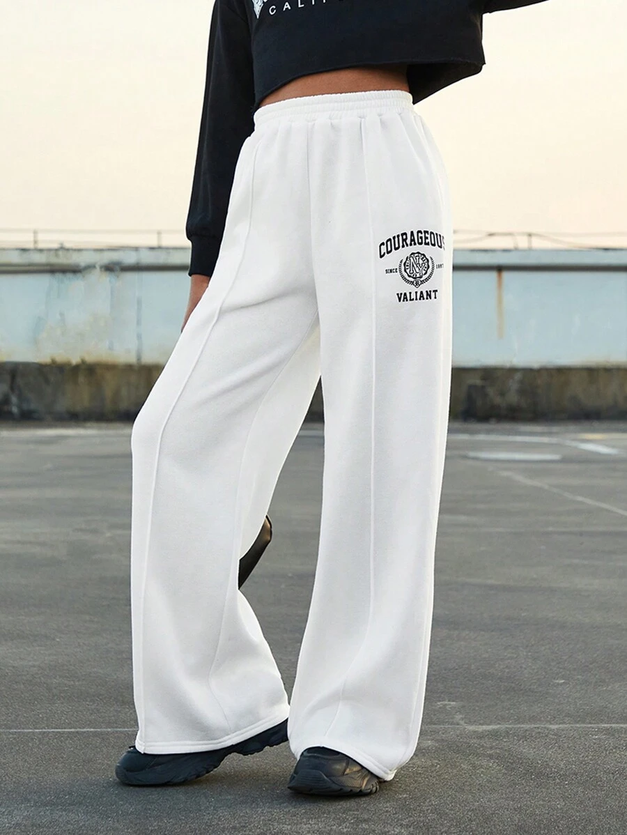 SHEIN Tween Girl Letter Printed Straight-Leg Sweatpants - White - View 1