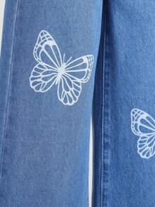SHEIN Tween 女童街头风格蝴蝶印花休闲宽松直筒牛仔裤 - 中等水洗藍 - 查看 3