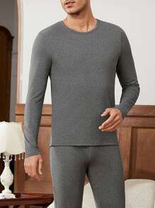 男用針織純色修身保暖長袖上衣 - 灰色 - 查看 1
