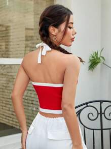 SHEIN EZwear 女款心形圖案掛脖針織上衣 - 紅白色 - 查看 2