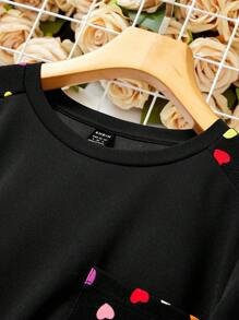 SHEIN LUNE Heart Print Pocket Patched Tee Dress - Black - View 4