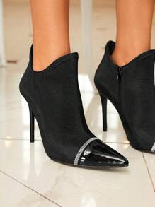 SheIn Belle Rhinestone Decor Point Toe Ankle Boots - Black - View 10