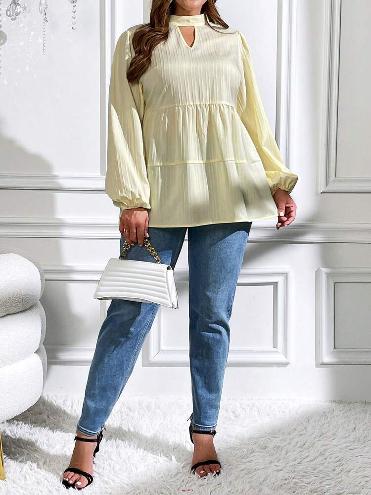 Plus Size Solid Color Keyhole Neck Lantern Sleeve Doll Blouse