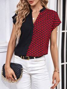 SHEIN Clasi 女士幾何圖案襯衫,有翻領設計 - 紅色 - 查看 1