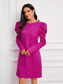 SHEIN Clasi Ngọc trai đính cườm Tay áo Đầm - Màu Hồng Tươi - Xem 4