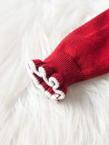 Baby Girls' Knitted Cardigan With Floral Embroidery & Ruffle Trim And Pants Set - Burgundy - View 6