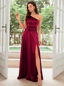 MUXXN 1950s Retro Asymmetric Neckline Satin Cocktail Dress/Wedding Guest Dress/Formal Evening Gown