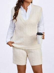 SHEIN LUNE Plus Size Cable Knit Sweater Vest And Shorts Set - Apricot - View 1