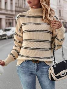 SHEIN Essnce Cổ cao Thả vai Sọc Áo len - Màu Khaki - Xem 3