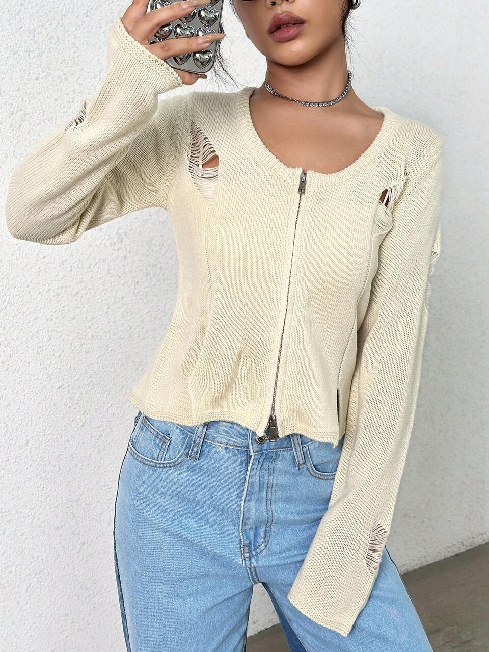 Zipper Design Ripped Cardigan Fall Cloth For Women