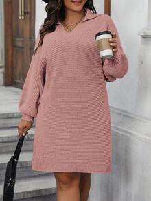 Calvaya 大尺碼v領花燈袖毛衣裙 - 粉色 - 查看 6