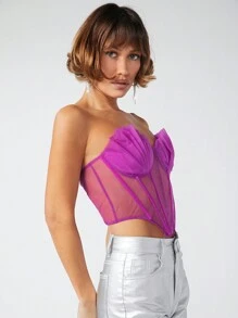 L'Amorae Sexy Pleated Seashell Sheer Mesh Bustier Backless Tube Top - Red Violet - View 7