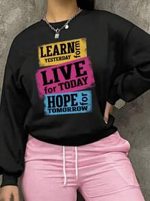 INAWLY 圓領長袖休閒衛衣,帶有文字印花 - 黑色 - 查看 1