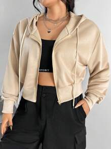 SHEIN EZwear Kích thước lớn Của phụ nữ áo có mũ Dây kéo mặt trước Áo nỉ Với Pha lê Và Thiết kế chữ cái - Màu be - Xem 2