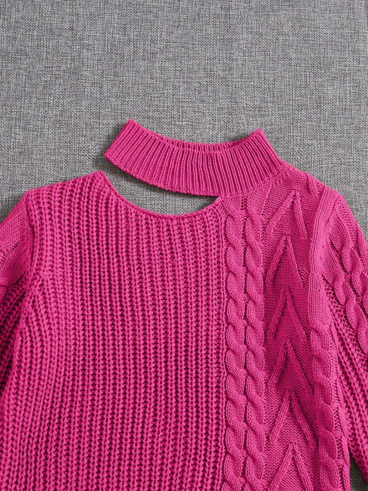 SHEIN Tween Girl Hollow Out And Cable Knit Sweater - Hot Pink - View 4